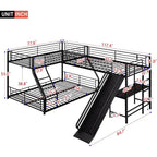 L-Shaped Bunk Bed with Twin Over Full Metal Frame, Built-in Desk and Slide for Kids (Black)