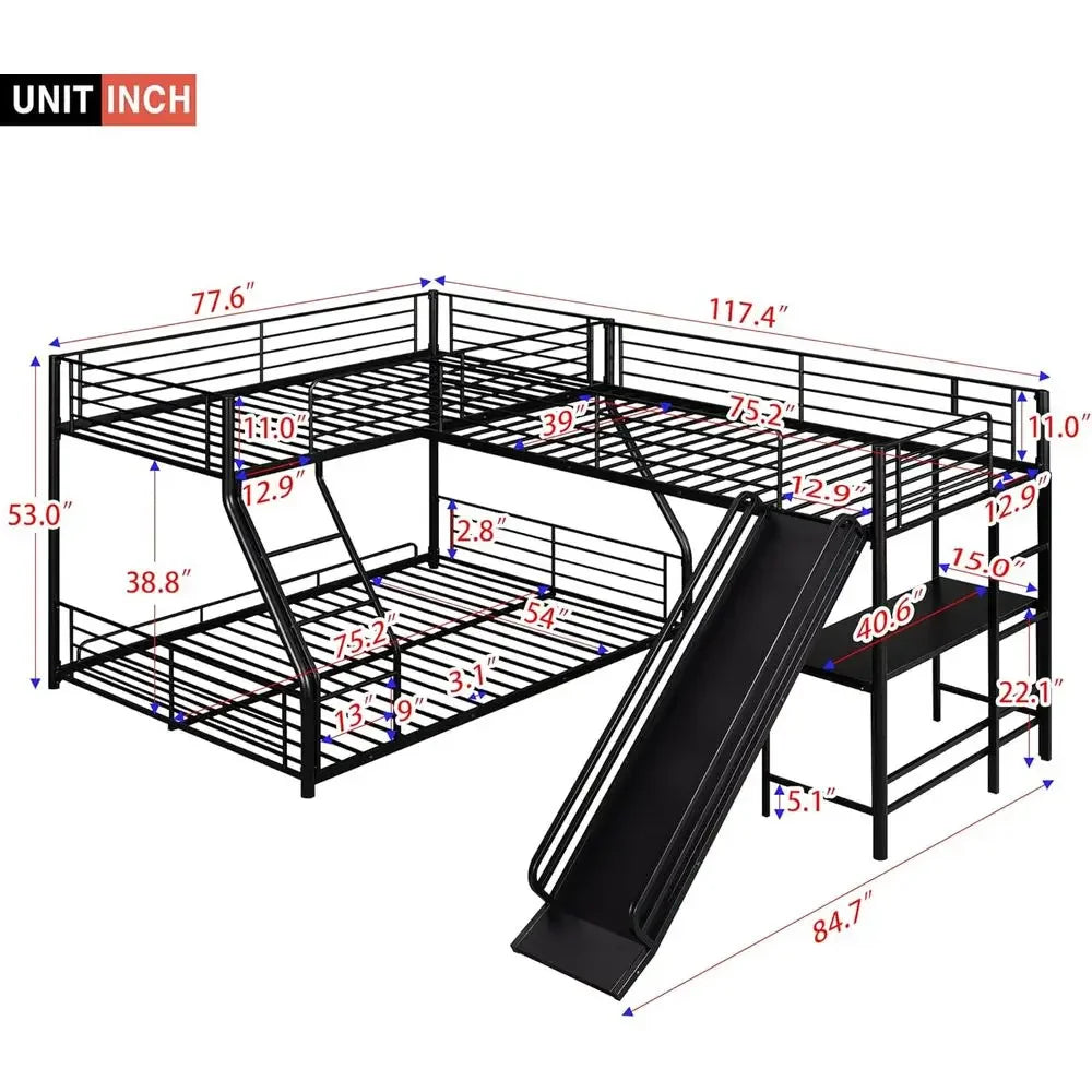 L-Shaped Bunk Bed with Twin Over Full Metal Frame, Built-in Desk and Slide for Kids (Black)