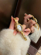 1pc Oval Bamboo Texture Strap Women's Watch, Gold Adjustable Strap, Elegant & Versatile Quartz Wristwatch, Suitable For Daily