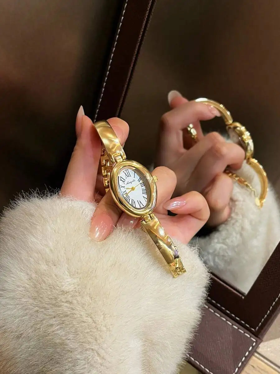 1pc Oval Bamboo Texture Strap Women's Watch, Gold Adjustable Strap, Elegant & Versatile Quartz Wristwatch, Suitable For Daily