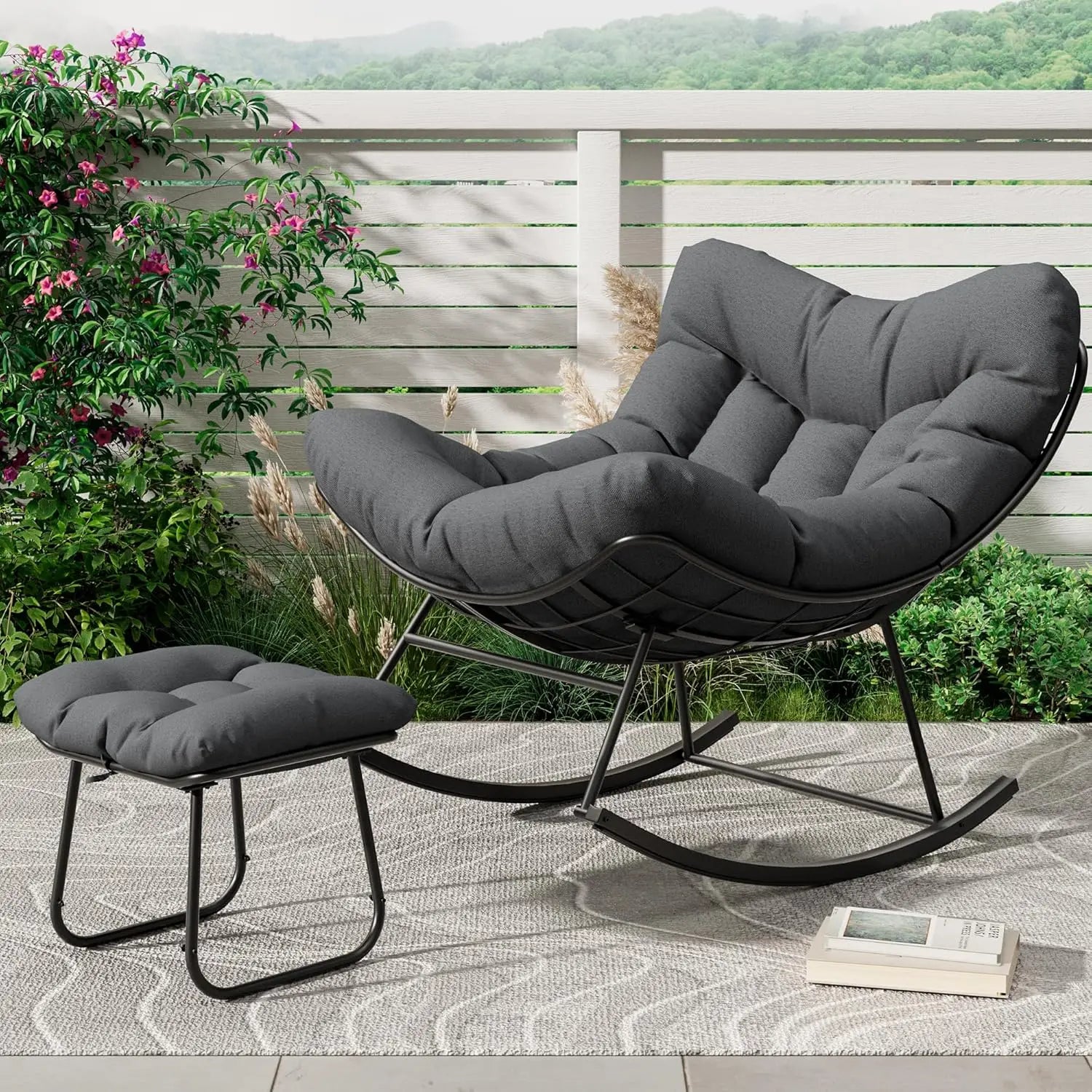 Oversized Papasan Rocking Chair With Footrest, Indoor Outdoor Egg Lounge Rocker, 350LBS Metal Frame For Patio Porch Living Room