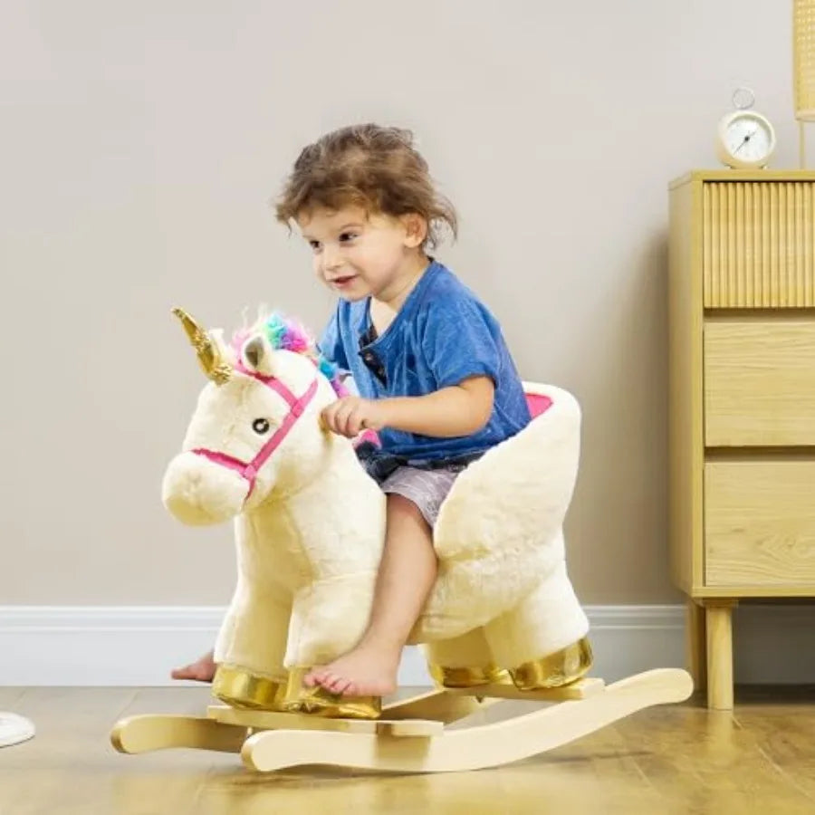 Rocking Horse, Ride on Unicorn with Realistic Sounds, Safety Belt and Wooden Base, Plush Animal Rocker for Toddlers -36 Months,