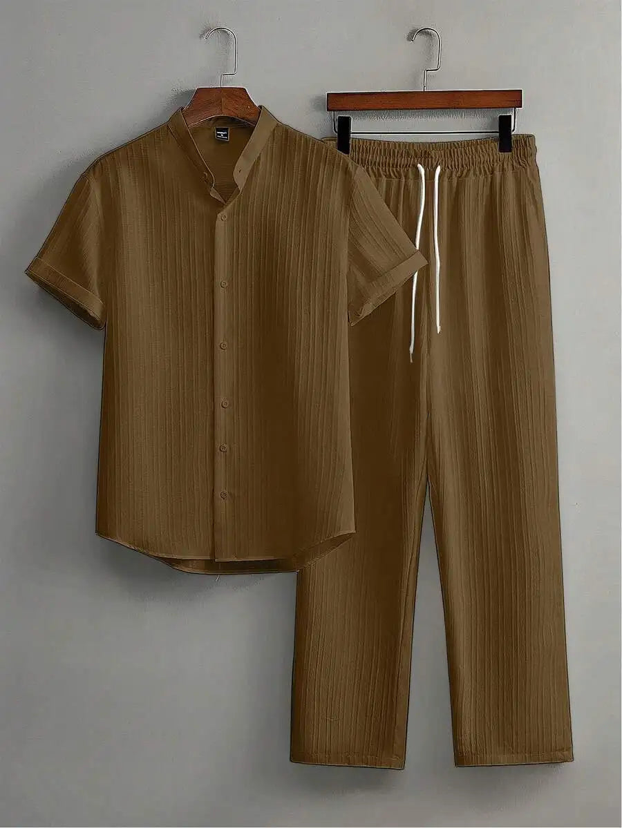 Mens Summer Solid Color Short Sleeve Stand Collar Shirt And Elastic Drawstring Pants Casual Co-ords Set