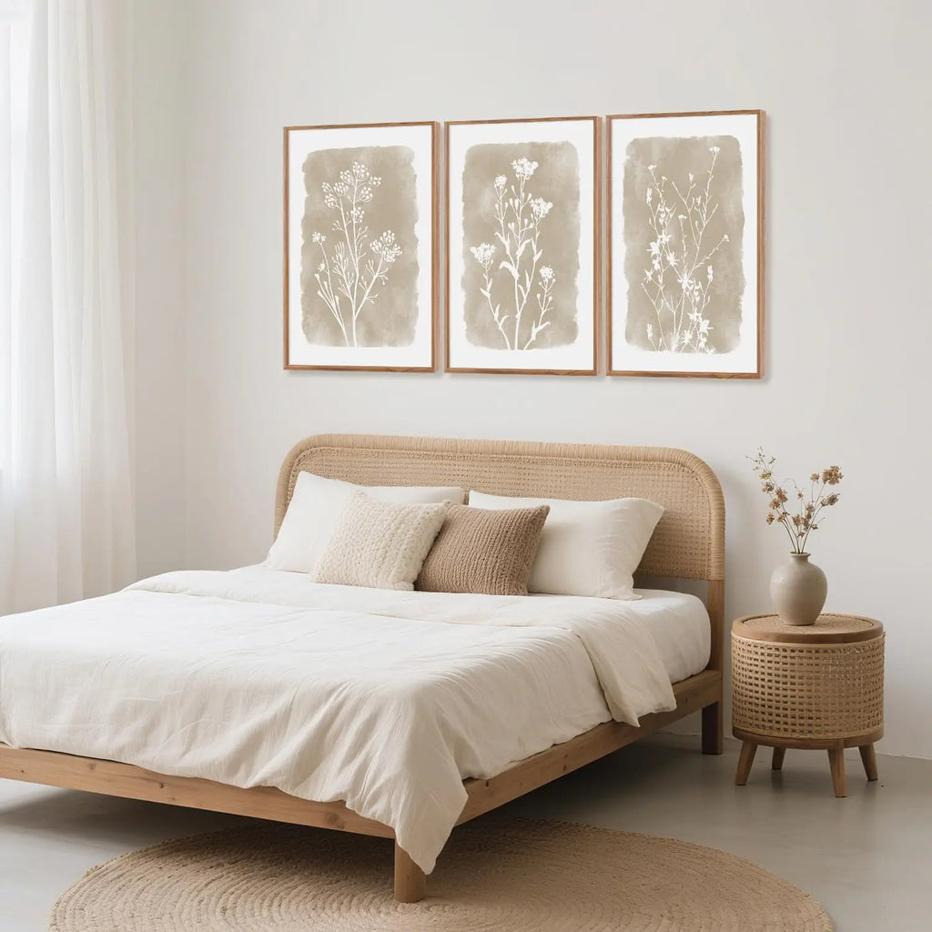 Set of 3 Framed Neutral Beige Boho Wildflower Botanical Canvas Wall Art Prints 24 X 36 Inch, Farmhouse Floral Artwork for Living Room Bedroom Above Bed Indoor Wall Decor