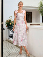 Womens Summer Lace Floral Print Spaghetti Strap Elegant Midi Dress For Party Wedding Guest