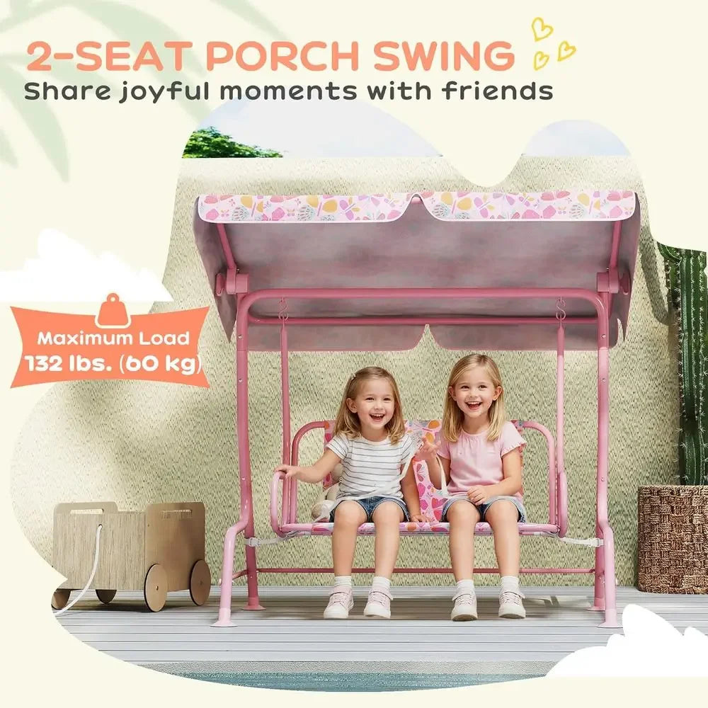 2-Person Pink Outdoor Swing Chair with Adjustable Seat and Safety Belt for Patio, Porch, or Garden