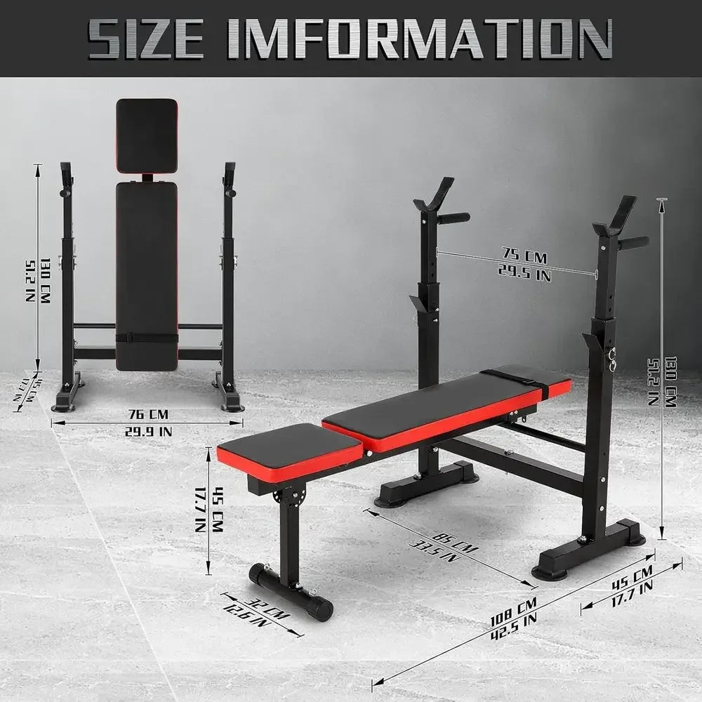 Red Adjustable Folding Weight Bench for Full Body Workouts with Bar Rack - Home Gym Equipment