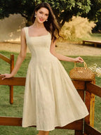 Elegant Lace Square Collar A-Line Midi Dress For Summer Wedding Guest Party