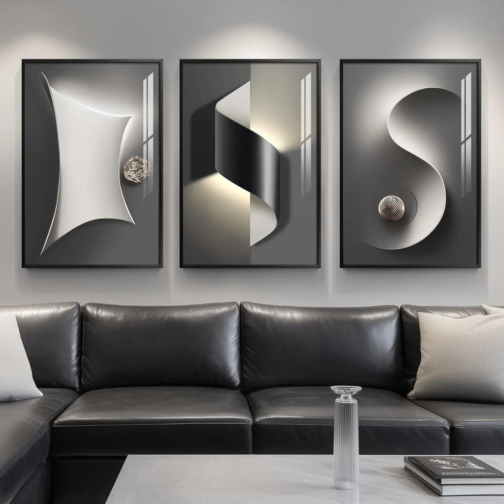 Large Framed Modern Wall Art for Living Room, 3 Piece Black and White Abstract Contemporary Pictures Artwork Decor, Geometric Luxury Bright Style Prints Paintings for Hallway and Office 24x36 Inch