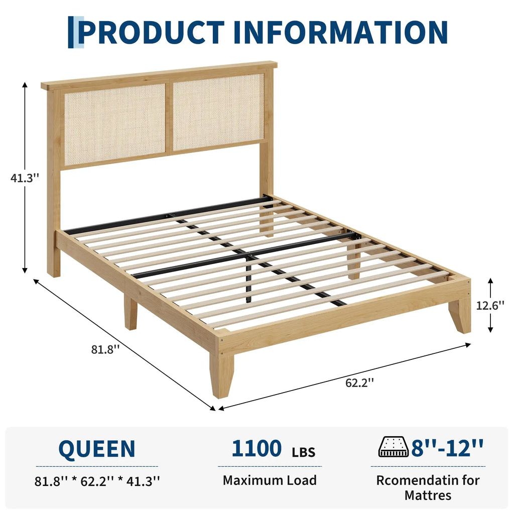Queen Size Rattan Bed Frame with LED Lights, Boho Platform Bed with Rattan Headboard, Wooden Slats Support, No Box Spring Needed, Noise-Free, Easy Assembly, for Bedroom