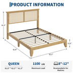 Queen Size Rattan Bed Frame with LED Lights, Boho Platform Bed with Rattan Headboard, Wooden Slats Support, No Box Spring Needed, Noise-Free, Easy Assembly, for Bedroom