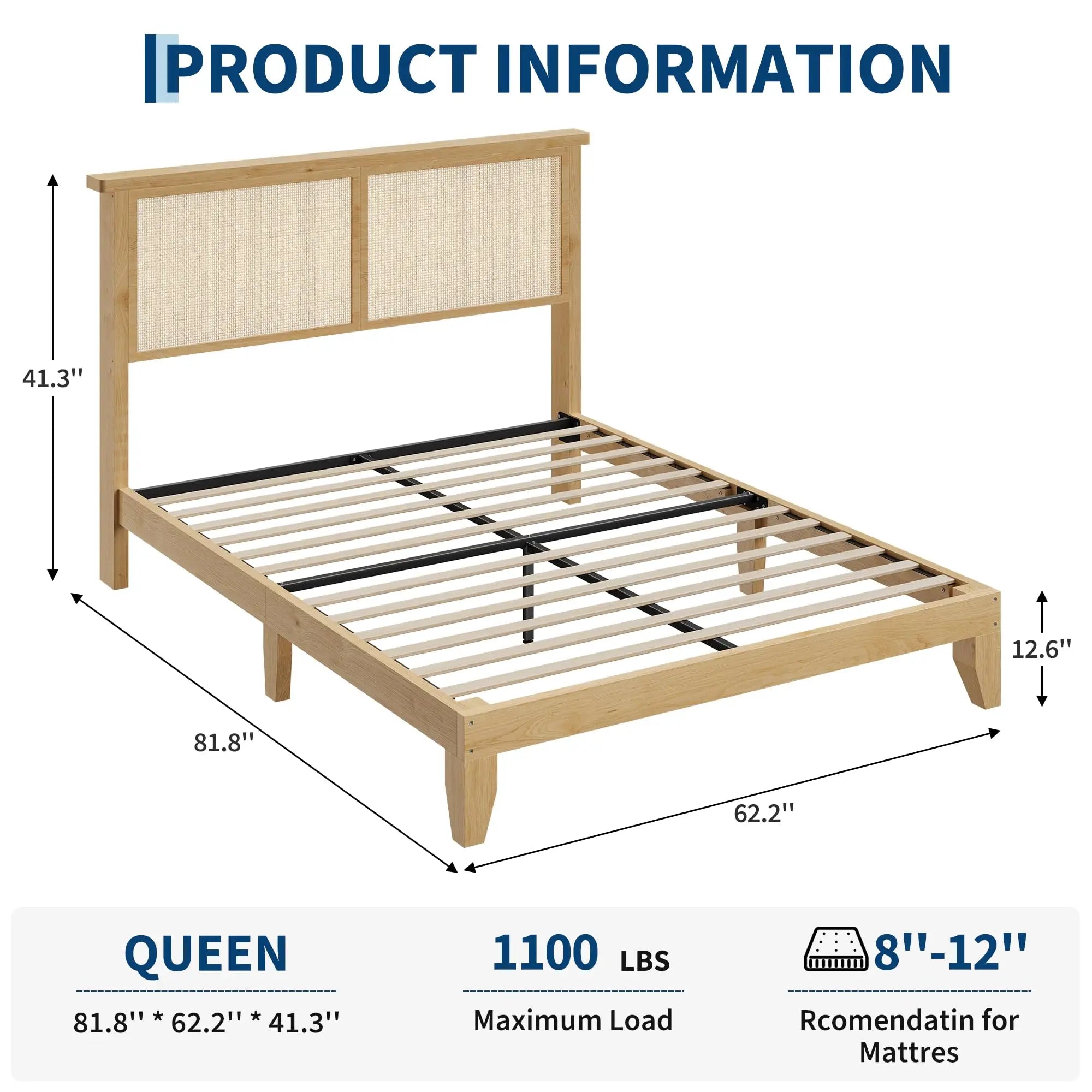 Queen Size Rattan Bed Frame with LED Lights, Boho Platform Bed with Rattan Headboard, Wooden Slats Support, No Box Spring Needed, Noise-Free, Easy Assembly, for Bedroom