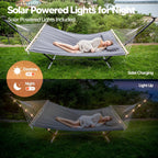 Outdoor Double Hammock with 12 ft Stand and Solar Powered Lights in Dark Gray
