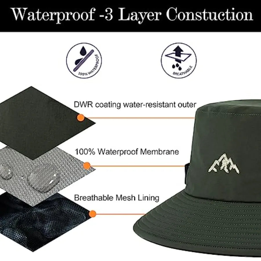 L/XL/XXL UV50+ Waterproof Bucket Sun Hat for Fishing Golf Hiking All-Weather Outdoor Rain Hat Stiff Brim