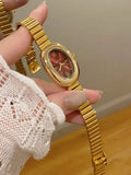 1pc Oval Bamboo Texture Strap Women's Watch, Gold Adjustable Strap, Elegant & Versatile Quartz Wristwatch, Suitable For Daily