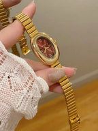 1pc Oval Bamboo Texture Strap Women's Watch, Gold Adjustable Strap, Elegant & Versatile Quartz Wristwatch, Suitable For Daily