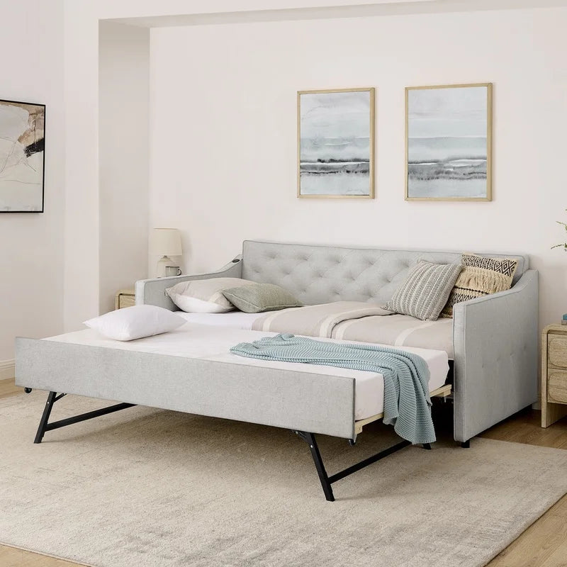 Twin Upholstered Daybed with Pop-Up Trundle and USB Charging
