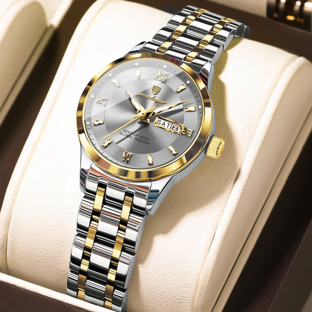 POEDAGAR Luxury Fashion Woman Watch Luminous Waterproof Stainless Steel Ladies Wristwatch Quartz Week Date Elegant Woman's Watches Male Reloj