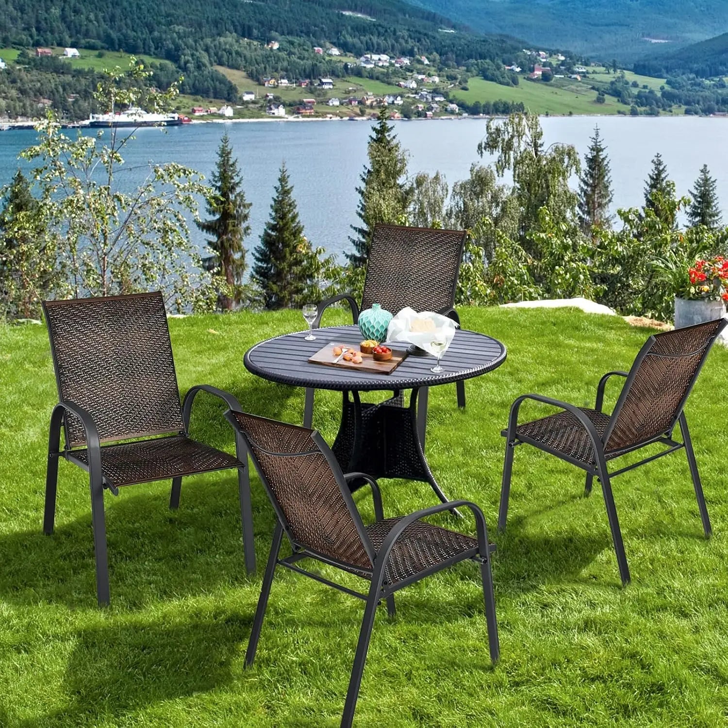 6 Pack Stackable Dining Chairs Outdoor PE Wicker Patio Arm Chairs with Rustproof Steel Frame, Bistro Deck Chairs, Customized