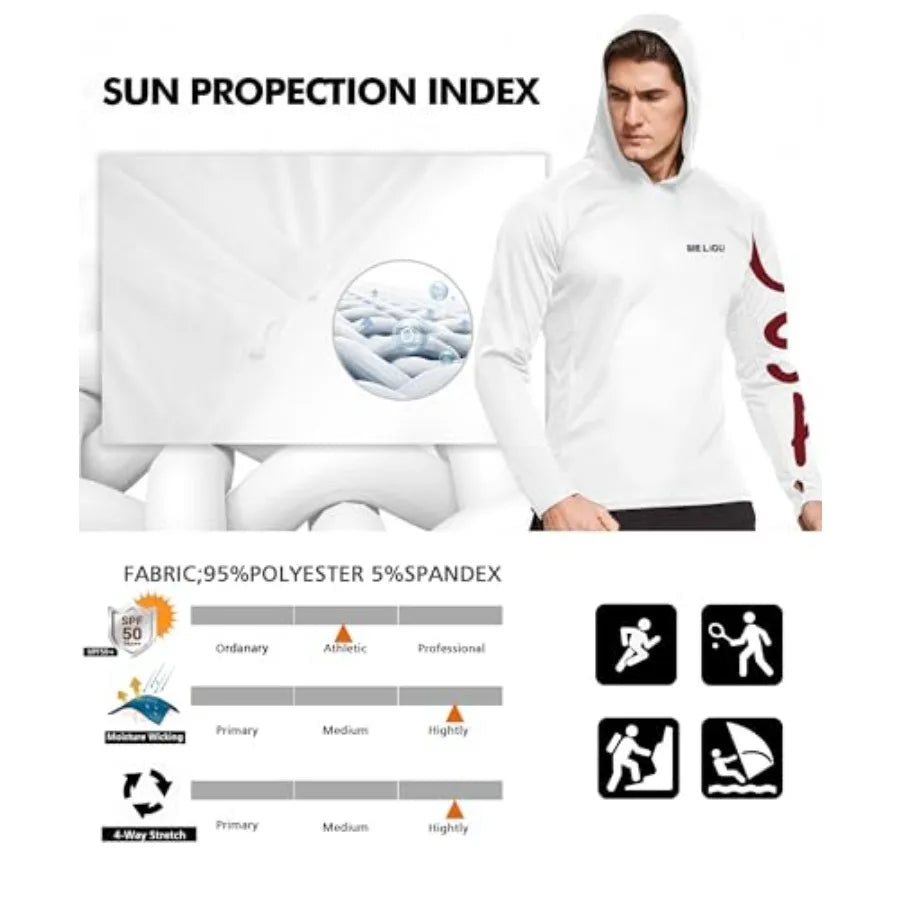 Mens UPF 50+ Fishing Shirts, Sun Protection Hoodie American Flag Long Sleeve UV Hiking Shirt Quick Dry SPF Rash Guard