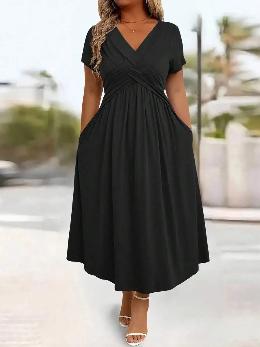 Plus Size Casual Solid V-Neck Cinched Waist A-Line Midi Dress With Pockets For Summer