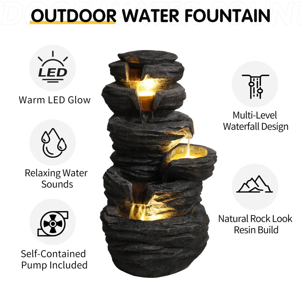 Outdoor Rock Water Fountain with Lights Multi Tier Cascading Waterfall Resin Garden Fountain for Patio Yard Porch Landscape