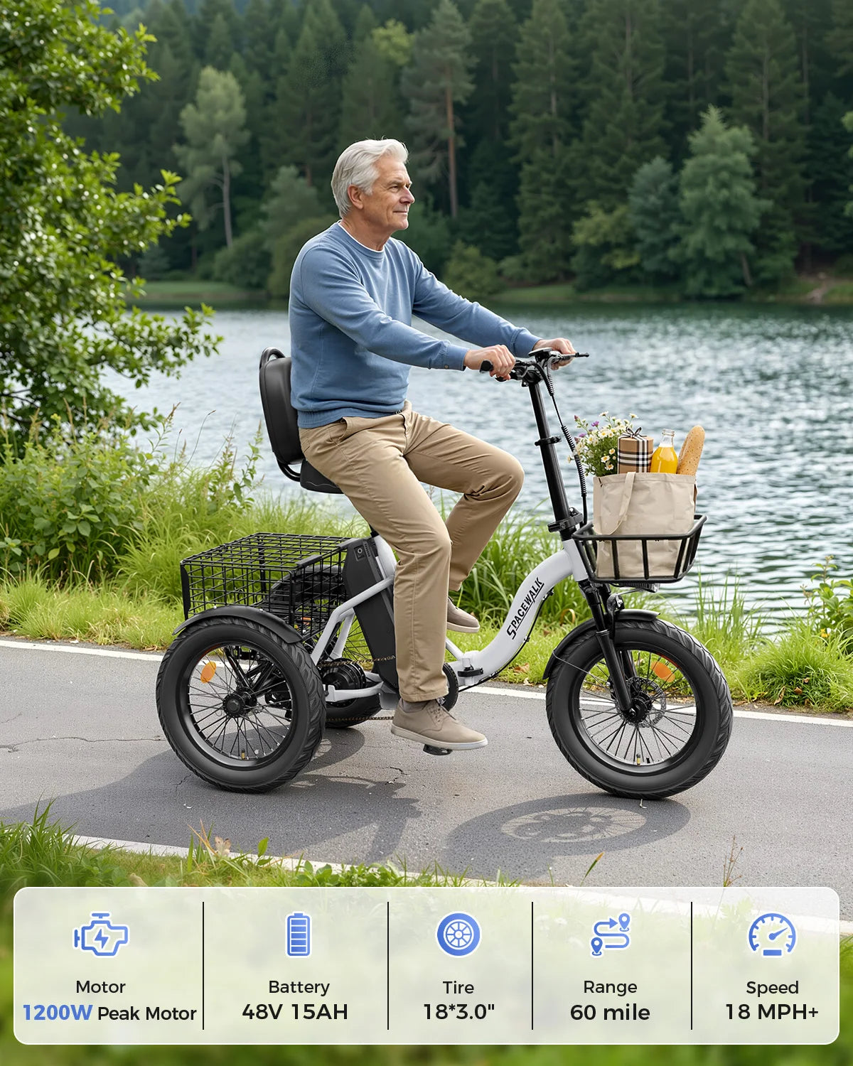 Spacewalk Electric Trike for Adults 1200W Peak Motor, 48V 15Ah Fat Tire 3 Wheel Electric Bike, 60 Miles Long Range Folding Cargo E Bike with Rear Basket, Adjustable Backrest Seat for Seniors-White
