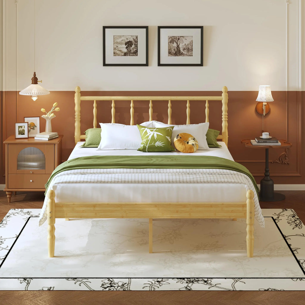 Twin XL Bamboo Platform Bed Frame With Scalloped Headboard 14 Inch Height Metal Slat Support