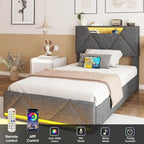 Twin Bed Frame with Storage Headboard and 4 Drawers,Upholstered Platform with Charging Station and Led Lights,Adjustable