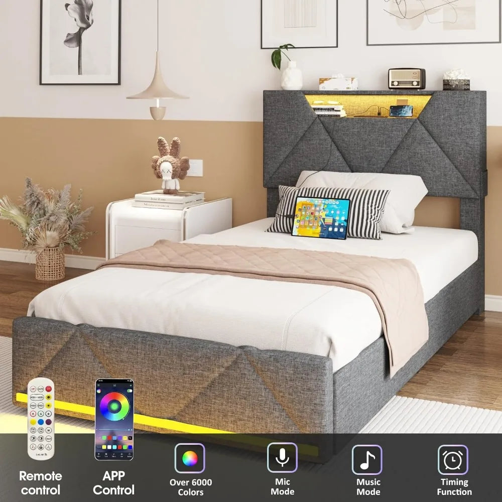Twin Bed Frame with Storage Headboard and 4 Drawers,Upholstered Platform with Charging Station and Led Lights,Adjustable