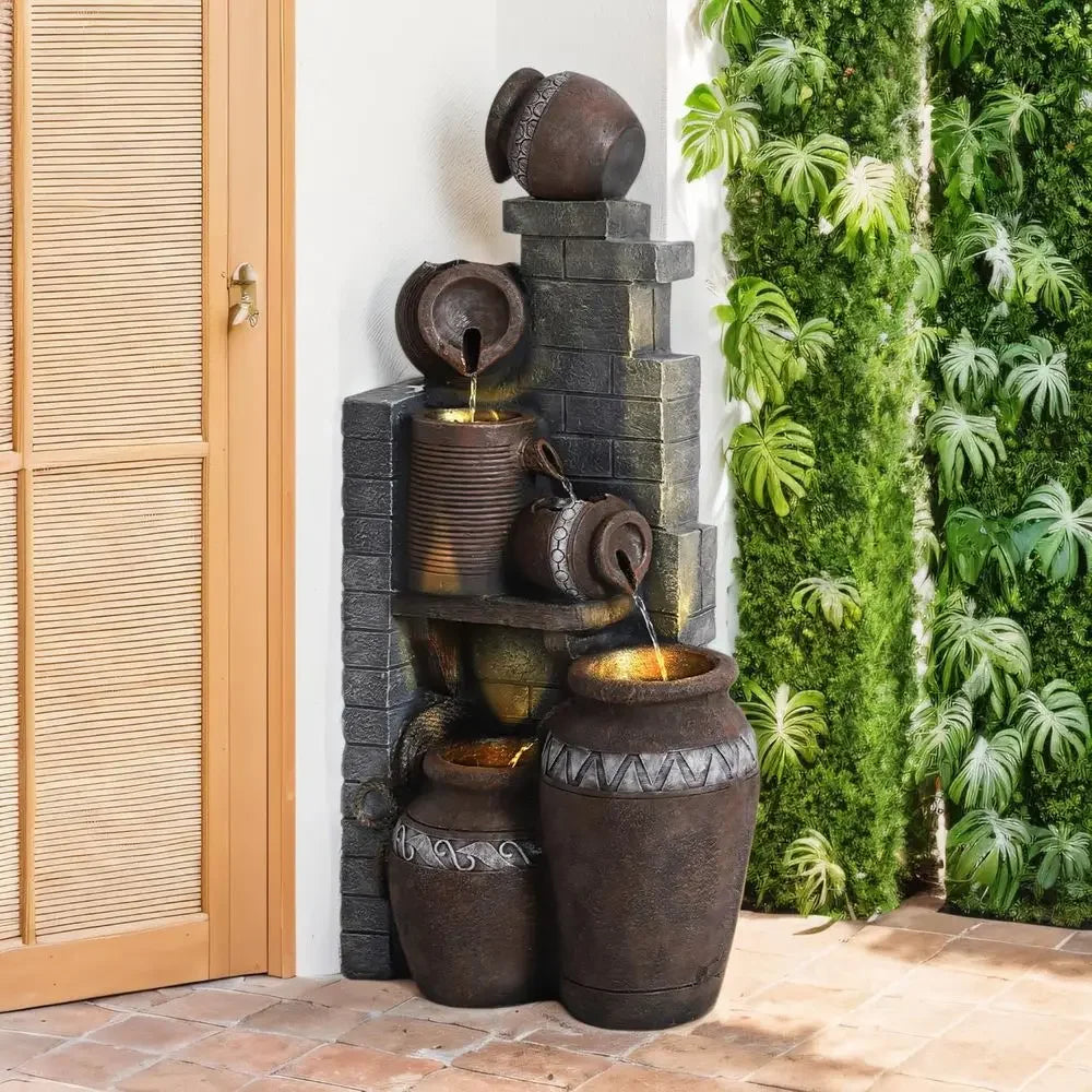 6-Tier Cascading Bowl Fountain with Stacked Stones for Gardens, Patios, Balconies, and Lawns (Gray)