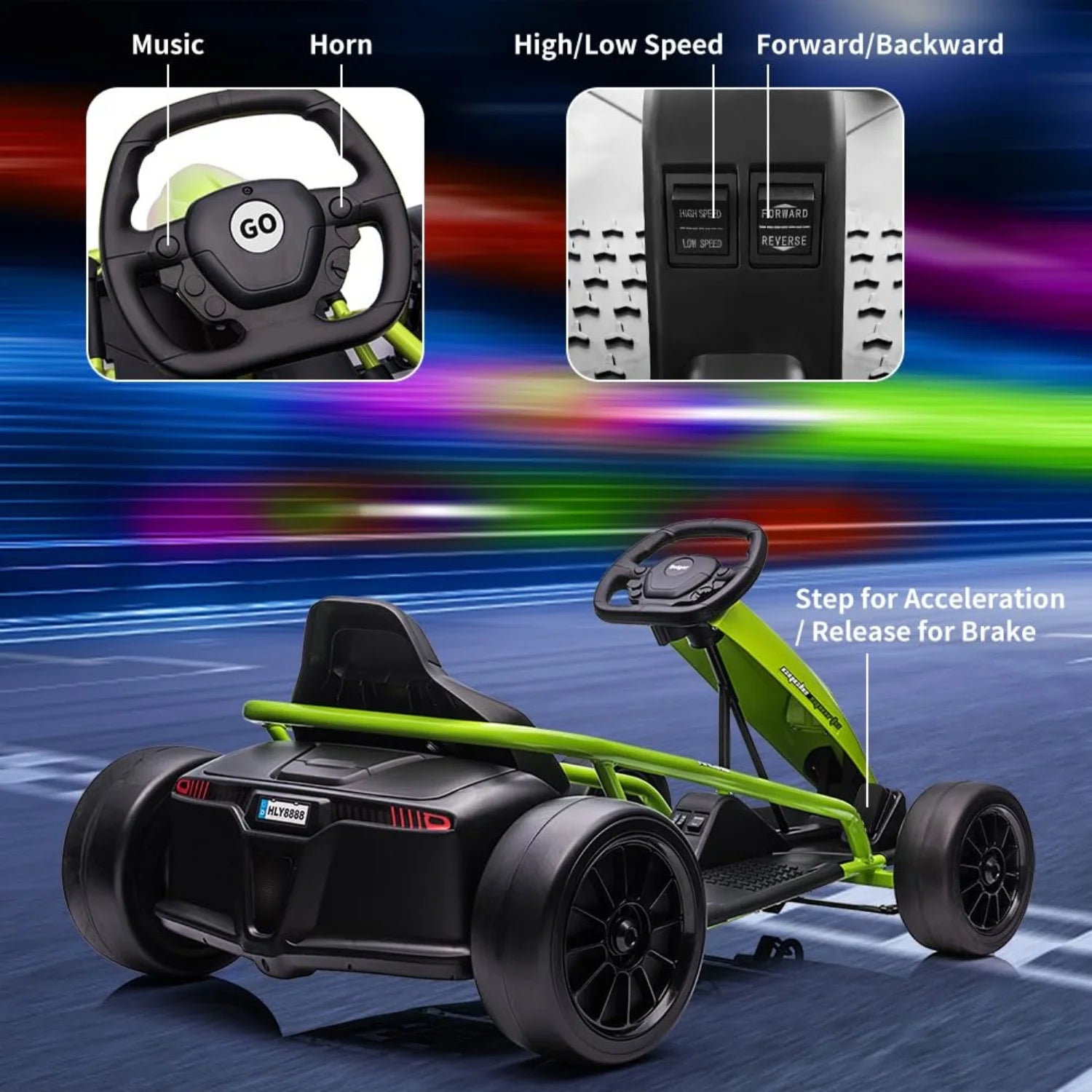 24V Electric Ride-On Go Kart for Kids – Dual 300W Motors, 8MPH High-Speed Drifting, Slow Start, Music & Horn, Max Load 175lbs, Outdoor Four-Wheel Racing Toy, Gift for Ages 8-12