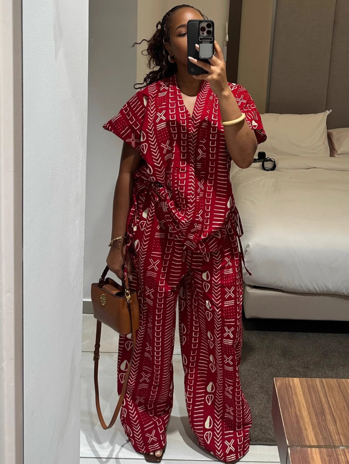 Women Stand Collar Short Sleeve Printed Wrap Top And Wide Leg Pants For Casual Streetwear Resort And Daily Occasion
