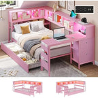 Twin Bed with Desk, Charging Station, Bookcase, and LED Lights for Girls - Storage Daybed, No Box Spring Needed