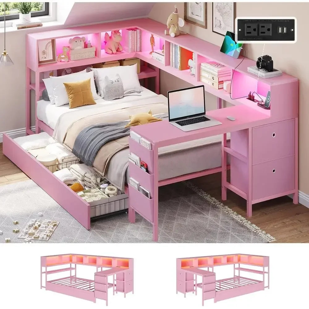 Twin Bed with Desk, Charging Station, Bookcase, and LED Lights for Girls - Storage Daybed, No Box Spring Needed
