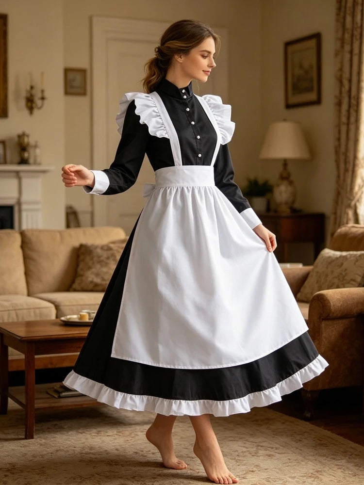 British Housekeeper Maid Costume Women Long Sleeve Button Black Dress White Ruffle Apron Vintage Maid Outfit Restaurant Cafe Uniform
