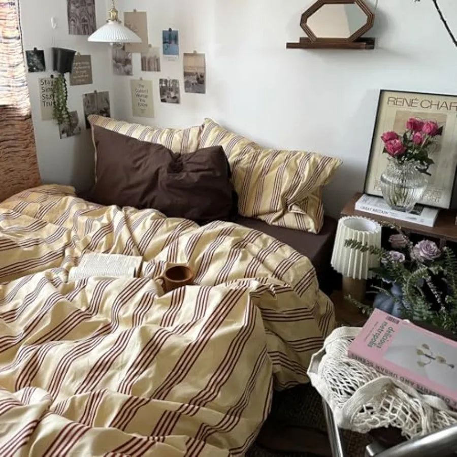 Retro Striped Duvet Cover Set - 100% Natural Cotton 3-Piece Vintage Red Stripes Pattern Printed Bedding Set, Soft Breathable Co