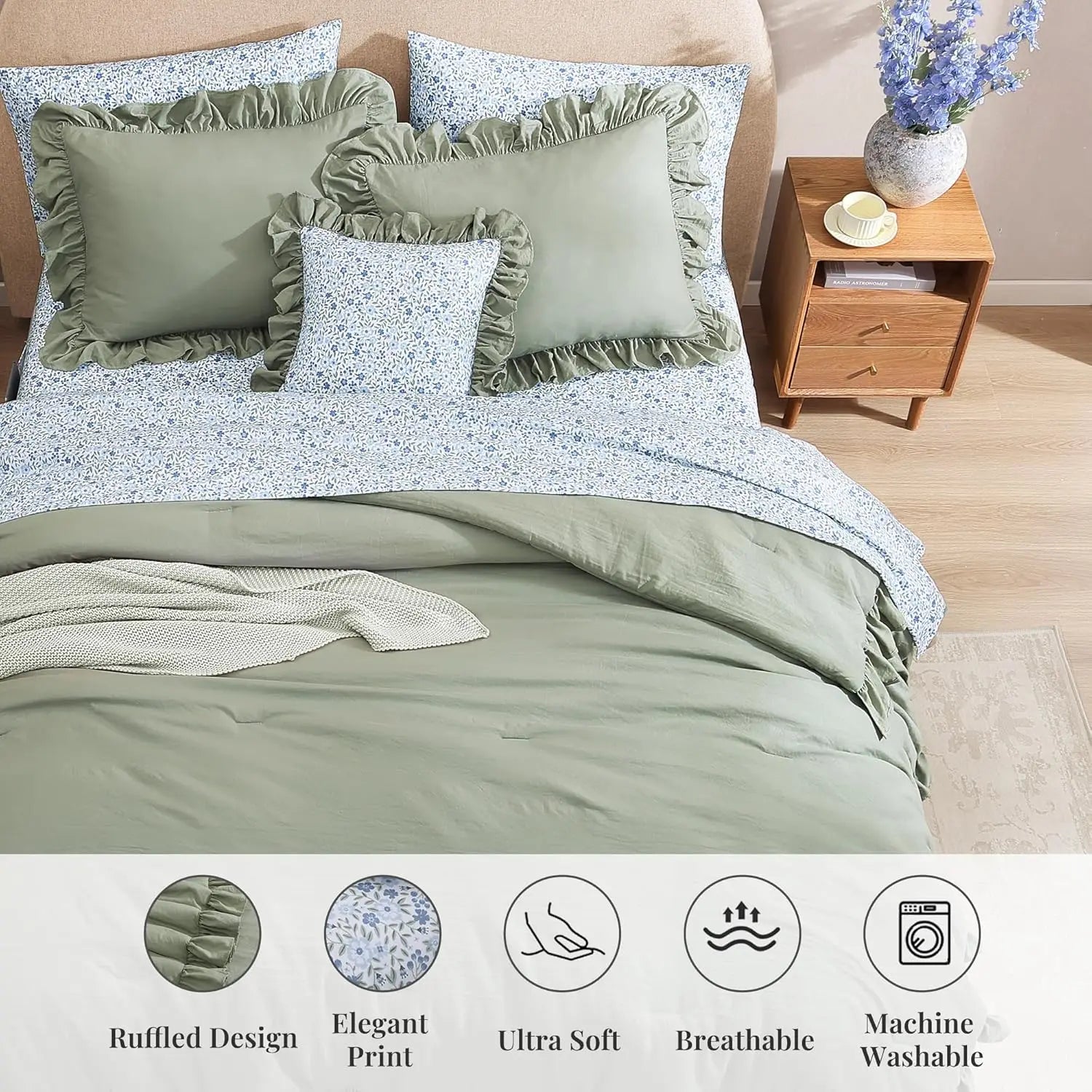 Queen Comforter Set - 7 Pieces Ruffle Sage Green Bedding, Shabby Chic Farmhouse Style with Floral Sheets & Pillowcases
