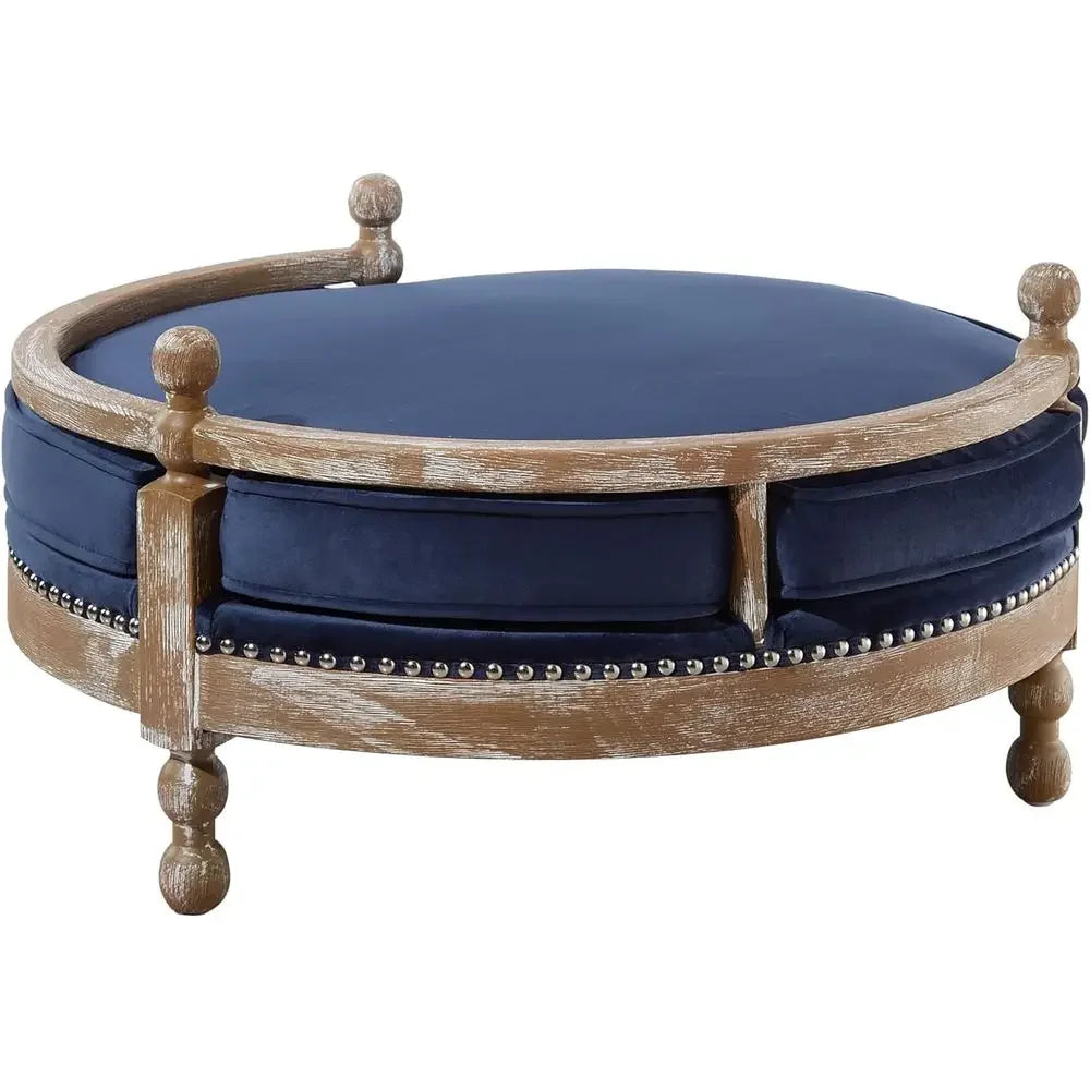 Handcrafted Weathered Oak Dog Bed with Removable Waterproof Velvet Cushion, Navy Blue
