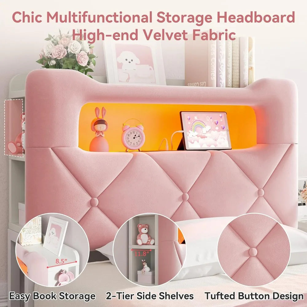Twin Upholstered LED Bed Frame with 2 Storage Drawers and 2-Tier Bookcase Headboard, Velvet Platform Bed, Heavy Duty Metal Support, No Box Spring Needed