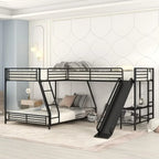 L-Shaped Bunk Bed with Twin Over Full Metal Frame, Built-in Desk and Slide for Kids (Black)