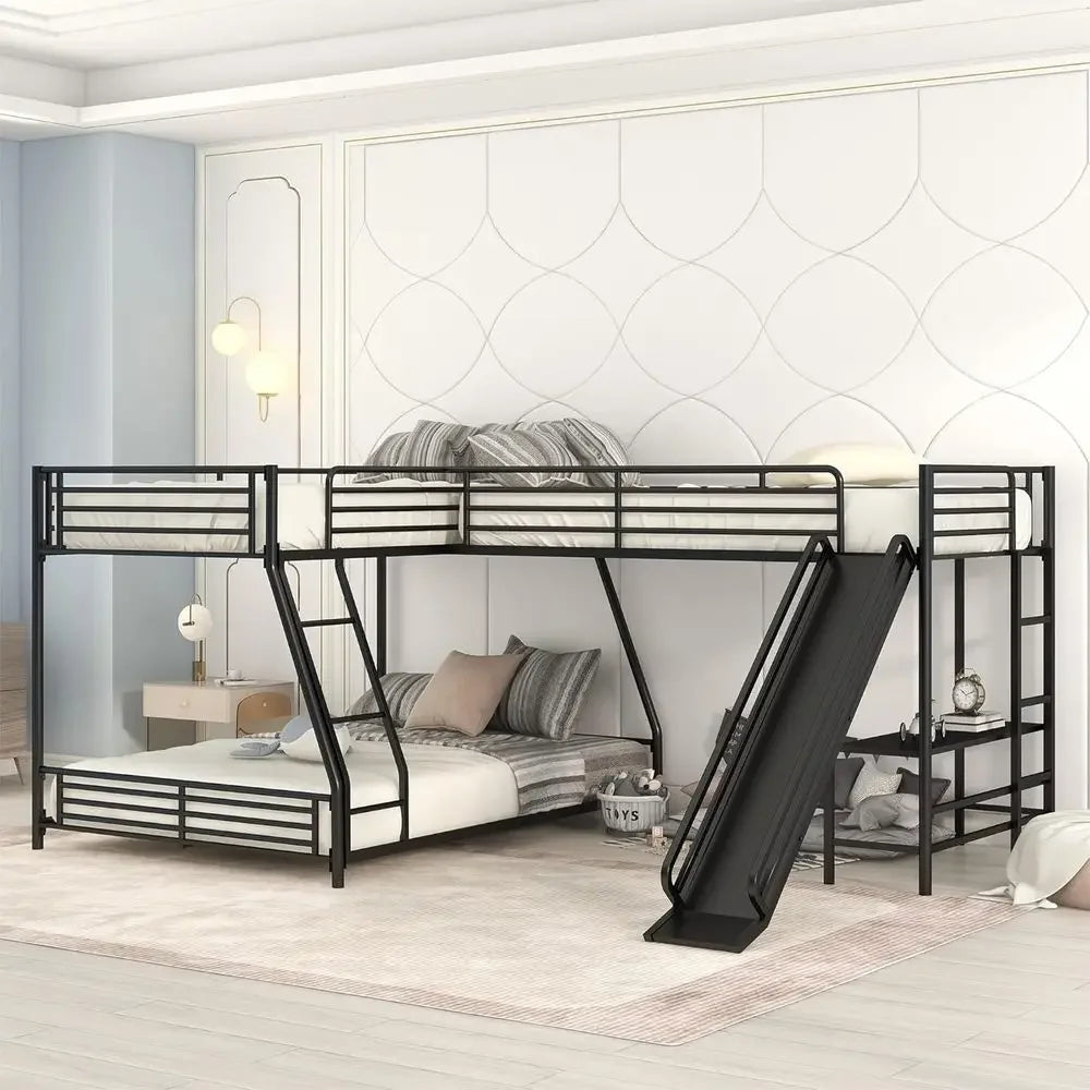 L-Shaped Bunk Bed with Twin Over Full Metal Frame, Built-in Desk and Slide for Kids (Black)