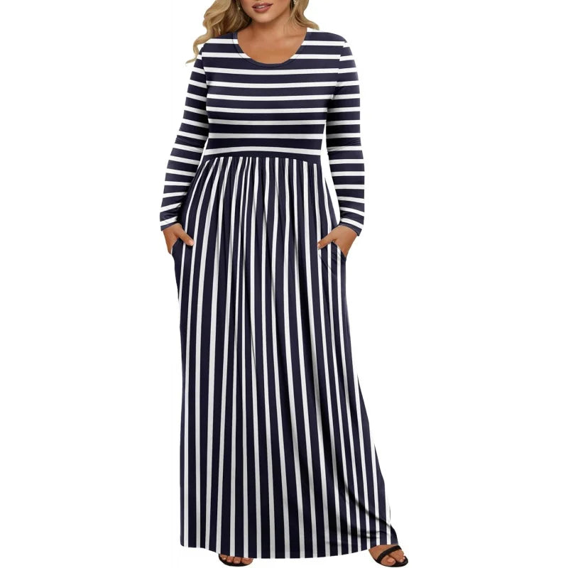 Womens Plus Size Maxi Dresses for Curvy Women Fall 2025 Casual Long Sleeve Long Dress with Pockets 1X-5X