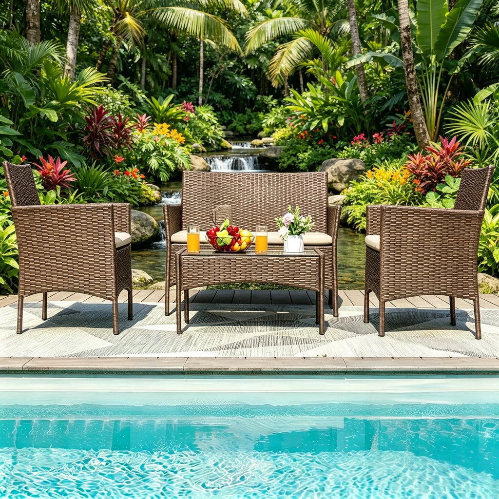 4-Piece Outdoor Rattan Patio Furniture Set, Brown PE Wicker Conversation Set With Cushions& Glass Coffee Table, Perfect For Backyard, Balcony, Poolside