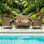 4-Piece Outdoor Rattan Patio Furniture Set, Brown PE Wicker Conversation Set With Cushions& Glass Coffee Table, Perfect For Backyard, Balcony, Poolside