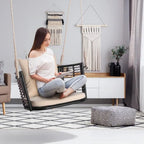 1-Person Outdoor Hanging Porch Swing with Cushions, Rattan Backrest, Metal Frame, 2 Ropes, Up to 400 lbs, Beige