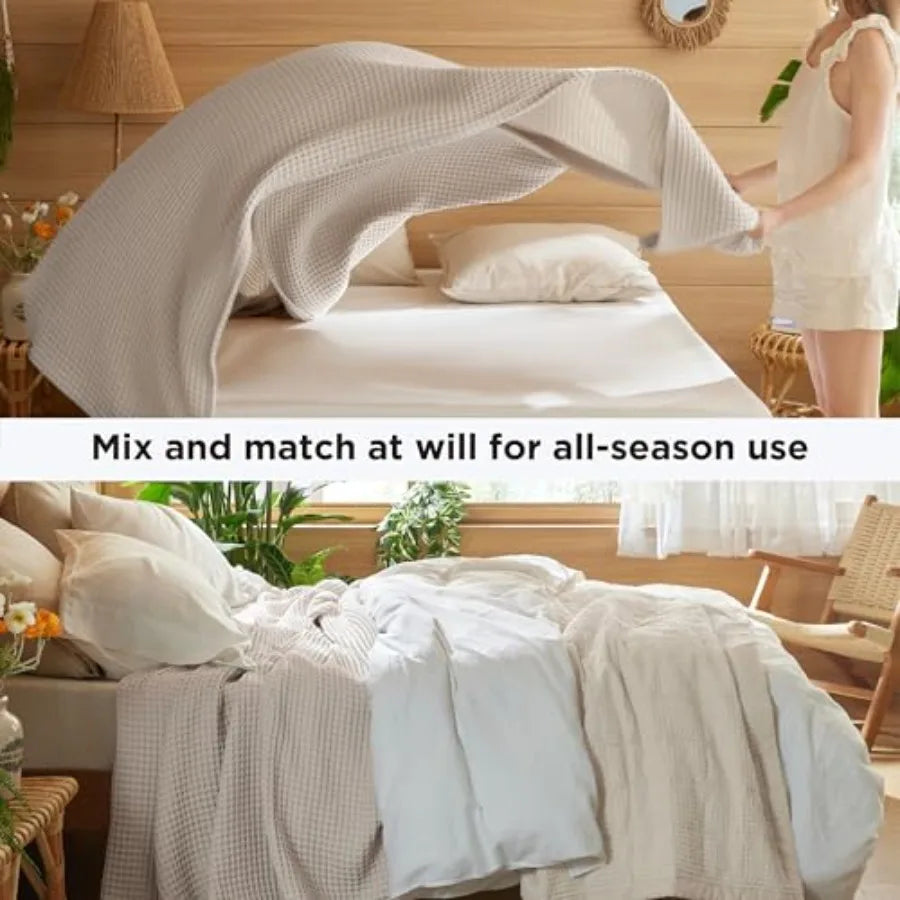 100% Cotton Throw Blanket for Spring Summer, Ultra Soft Waffle Weave Blanket for Couch Sofa Chair, Thin Lightweight Breathable