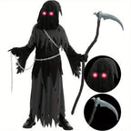 Halloween Costume Glowing Eyes Grim Reaper Costume for Kids 5-12 years Boys Halloween Dress-up Party