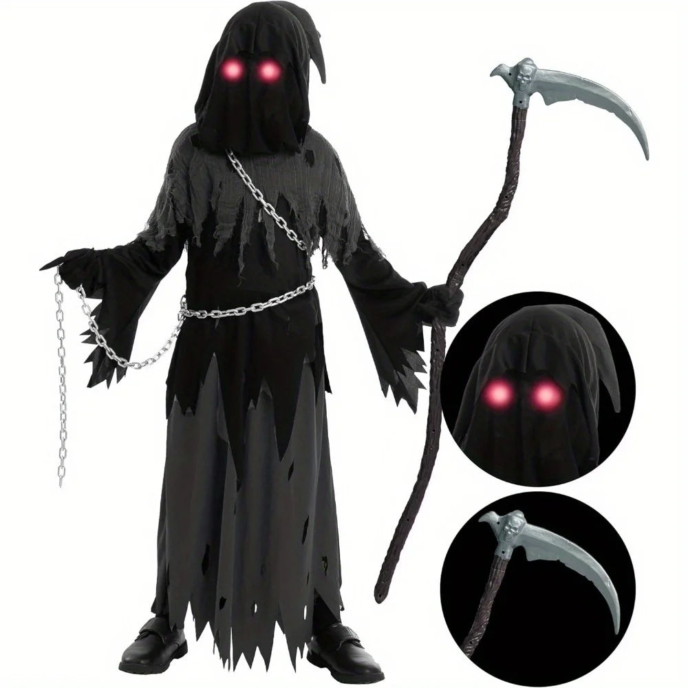 Halloween Costume Glowing Eyes Grim Reaper Costume for Kids 5-12 years Boys Halloween Dress-up Party