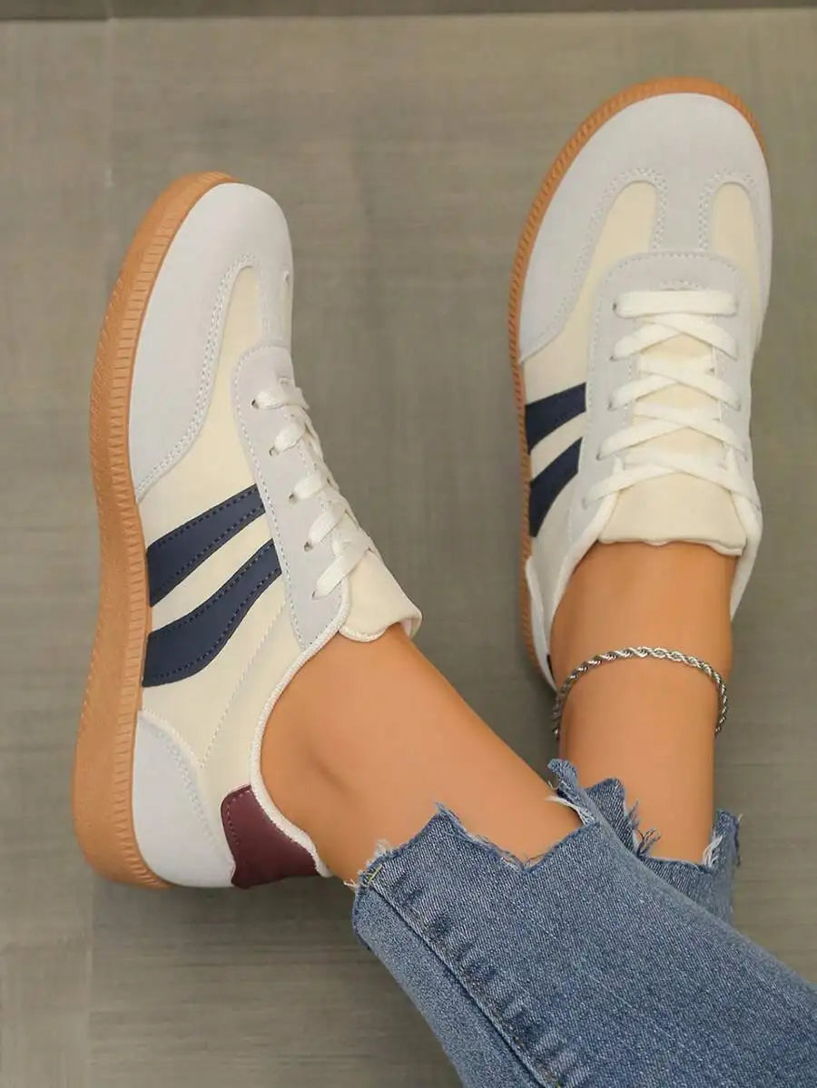 Womens Pink Casual Flat Sneakers With White Stripes Comfortable Lace-Up Shoes For Spring Summer
